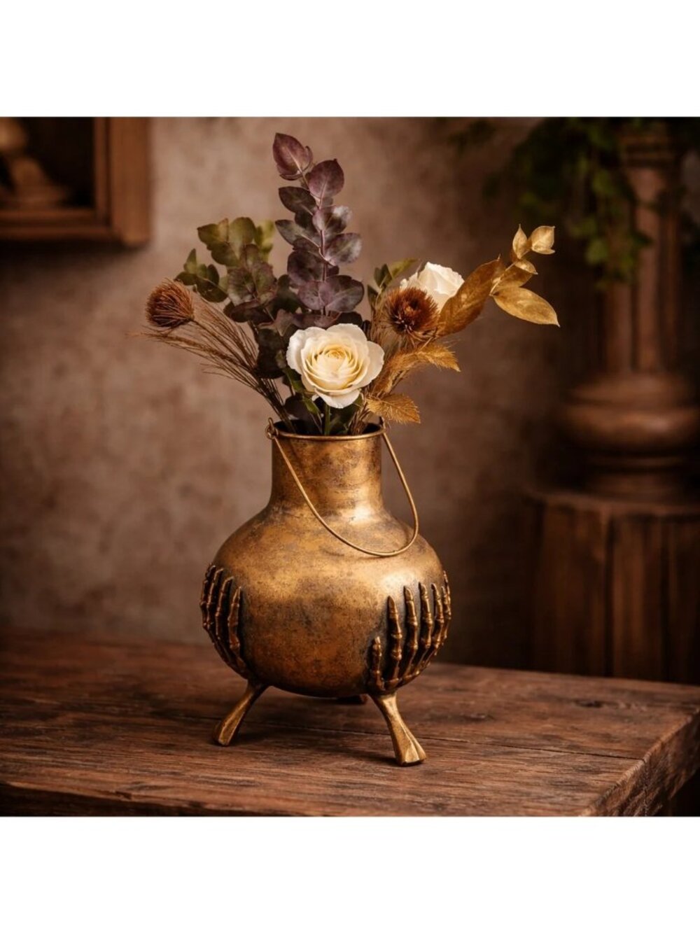 Witchy Skeleton Hands Gold Aged Iron Vase Altar Decor Gothic Pedestal Vessel